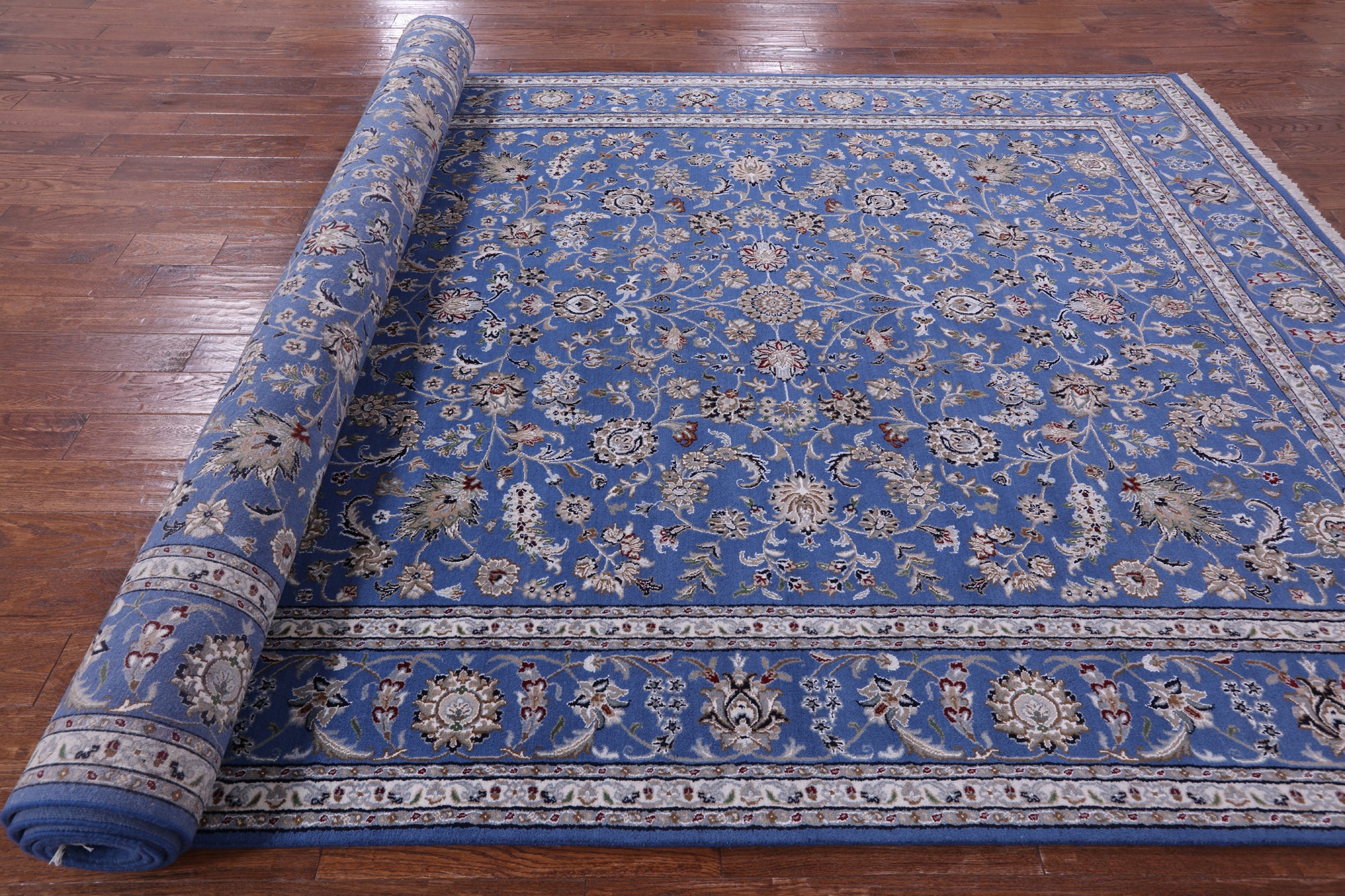 Blue Persian Nain Hand Knotted Wool & Silk Rug - 9' 0" X 19' 1" - Golden Nile