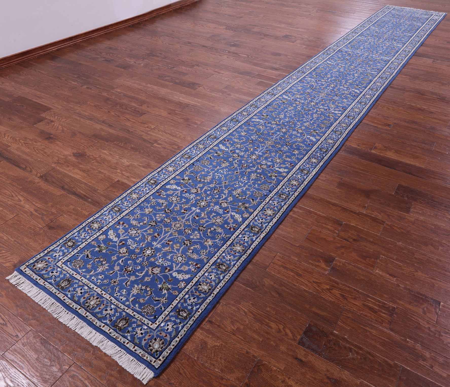 Blue Persian Nain Hand Knotted Wool & Silk Runner Rug - 2' 9" X 17' 11" - Golden Nile