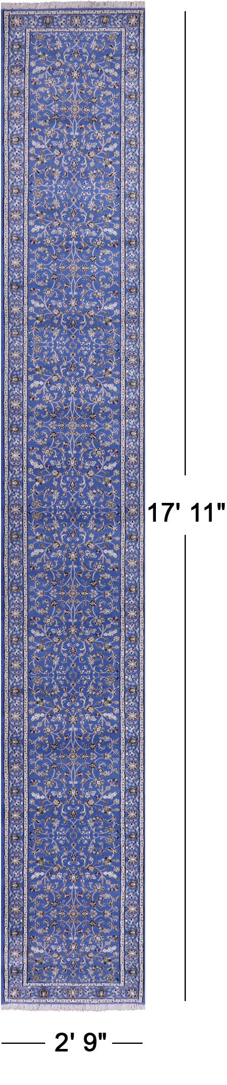 Blue Persian Nain Hand Knotted Wool & Silk Runner Rug - 2' 9" X 17' 11" - Golden Nile