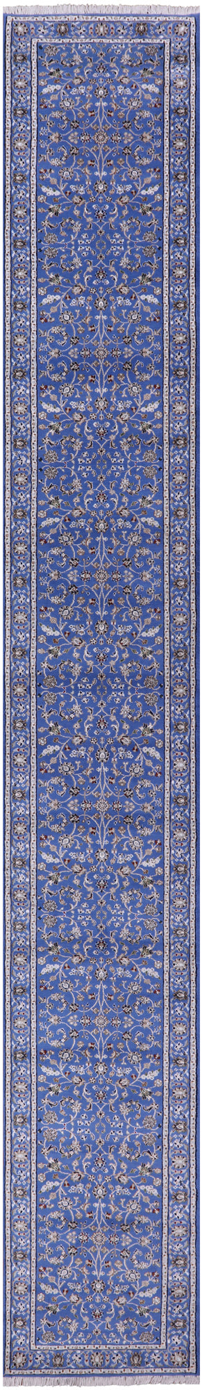 Blue Persian Nain Hand Knotted Wool & Silk Runner Rug - 2' 9" X 17' 11" - Golden Nile