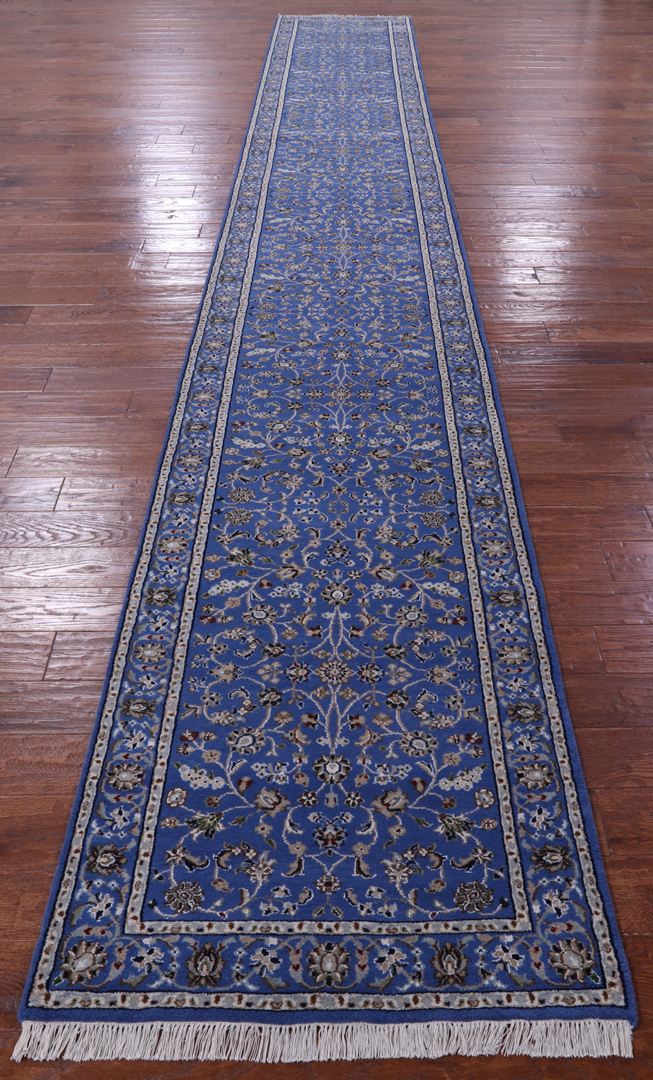 Blue Persian Nain Hand Knotted Wool & Silk Runner Rug - 2' 9" X 17' 11" - Golden Nile