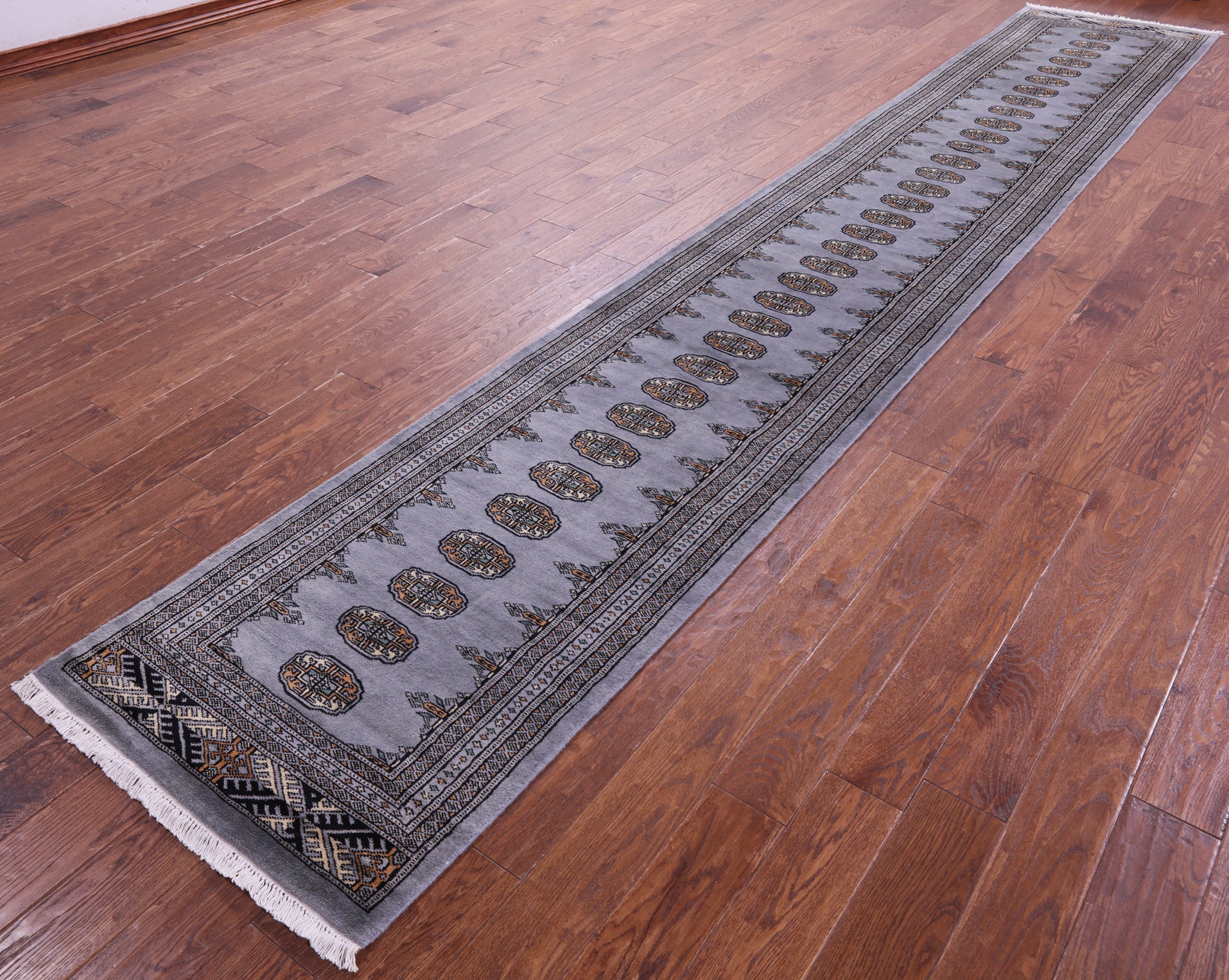 Grey Bokhara Handmade Wool Runner Rug - 2' 7" X 15' 7"