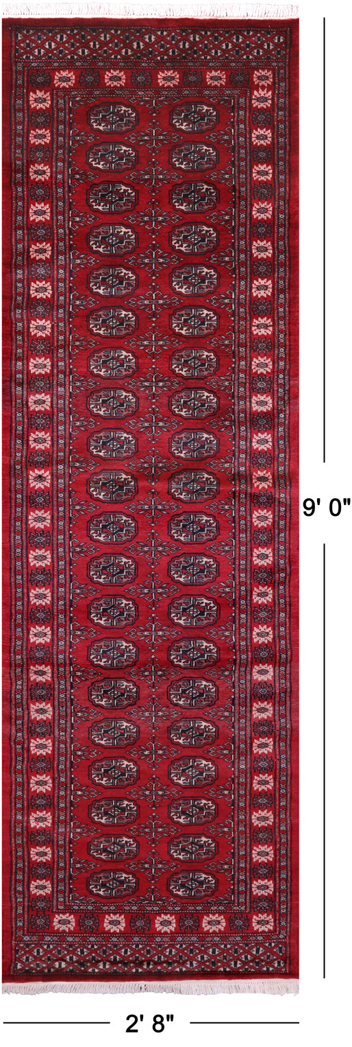 Red Bokhara Hand-Knotted Wool Runner Rug - 2' 8" X 9' 0"