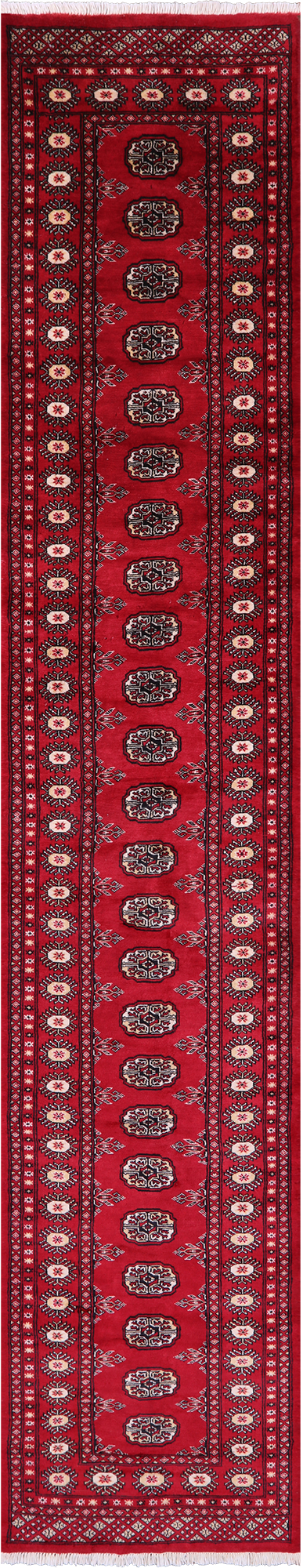 Red Bokhara Hand-Knotted Wool Runner Rug - 2' 6" X 13' 7"