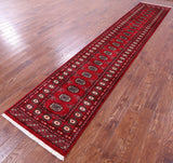 Red Bokhara Hand-Knotted Wool Runner Rug - 2' 6" X 13' 7"