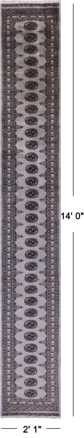 Grey Bokhara Handmade Wool Runner Rug - 2' 1" X 14' 0"