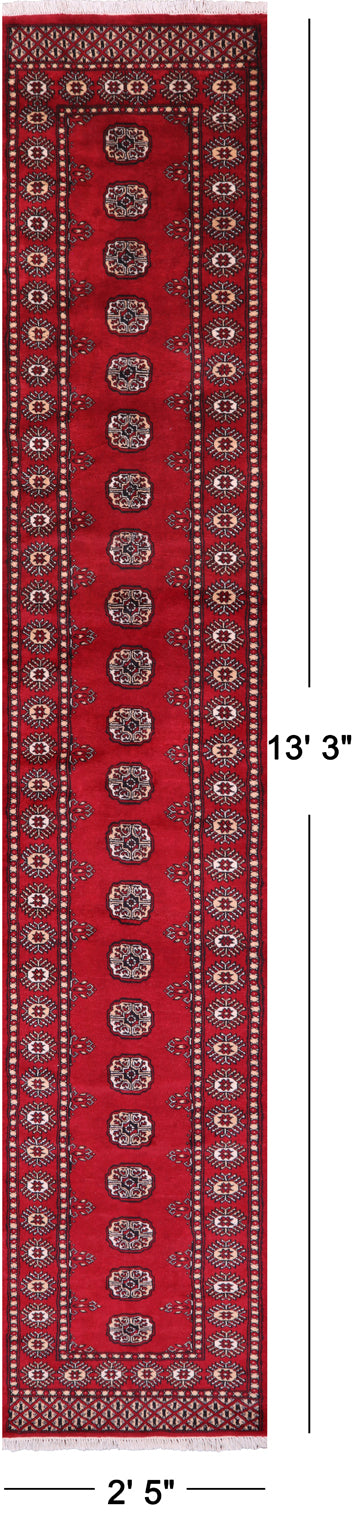 Red Bokhara Handmade Wool Runner Rug - 2' 5" X 13' 3"