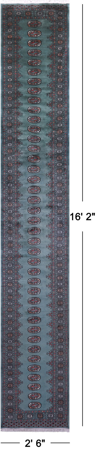 Green Bokhara Hand-Knotted Wool Runner Rug - 2' 6" X 16' 2"