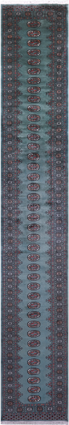 Green Bokhara Hand-Knotted Wool Runner Rug - 2' 6" X 16' 2"