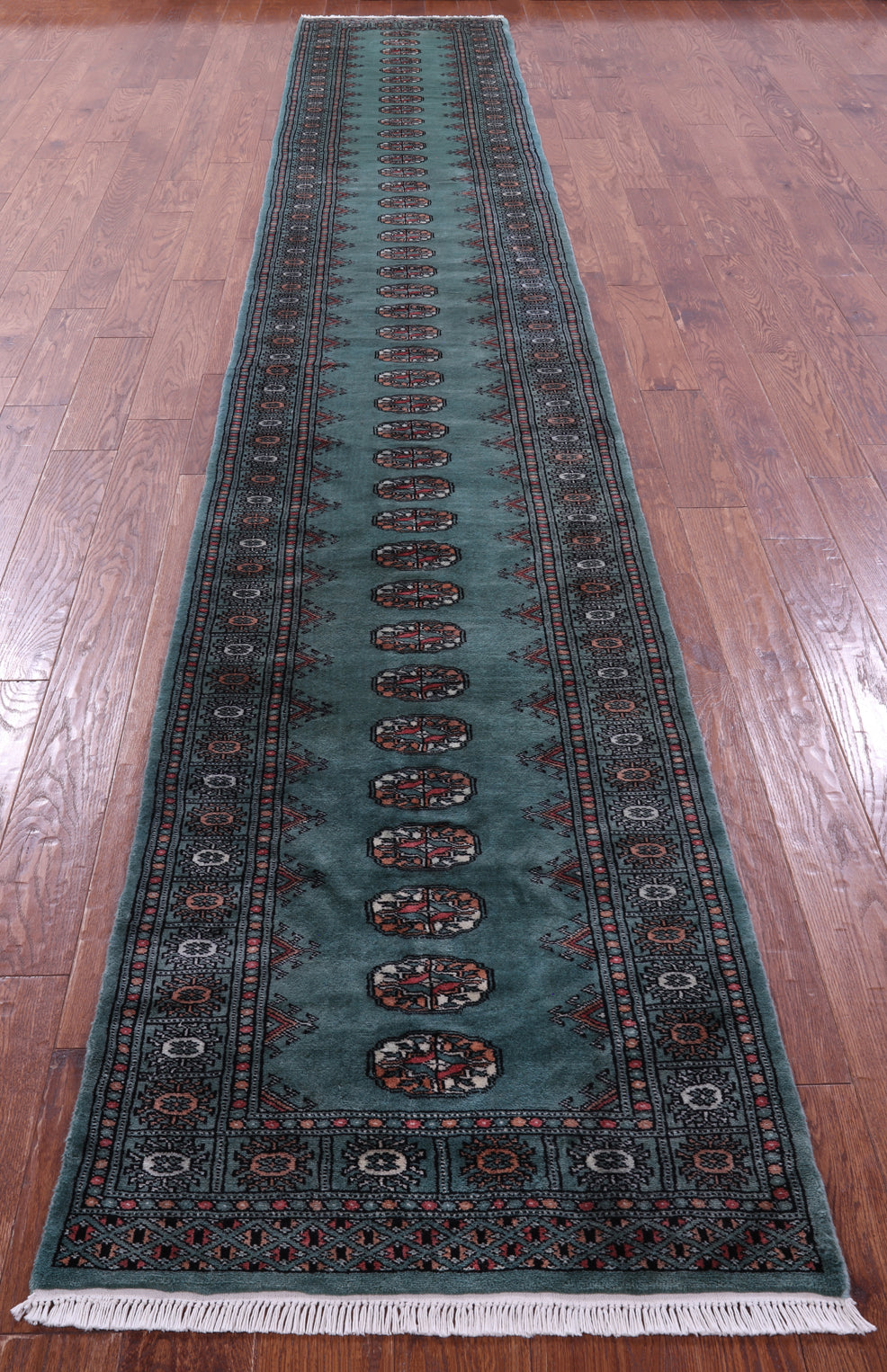 Green Bokhara Hand-Knotted Wool Runner Rug - 2' 6" X 16' 2"