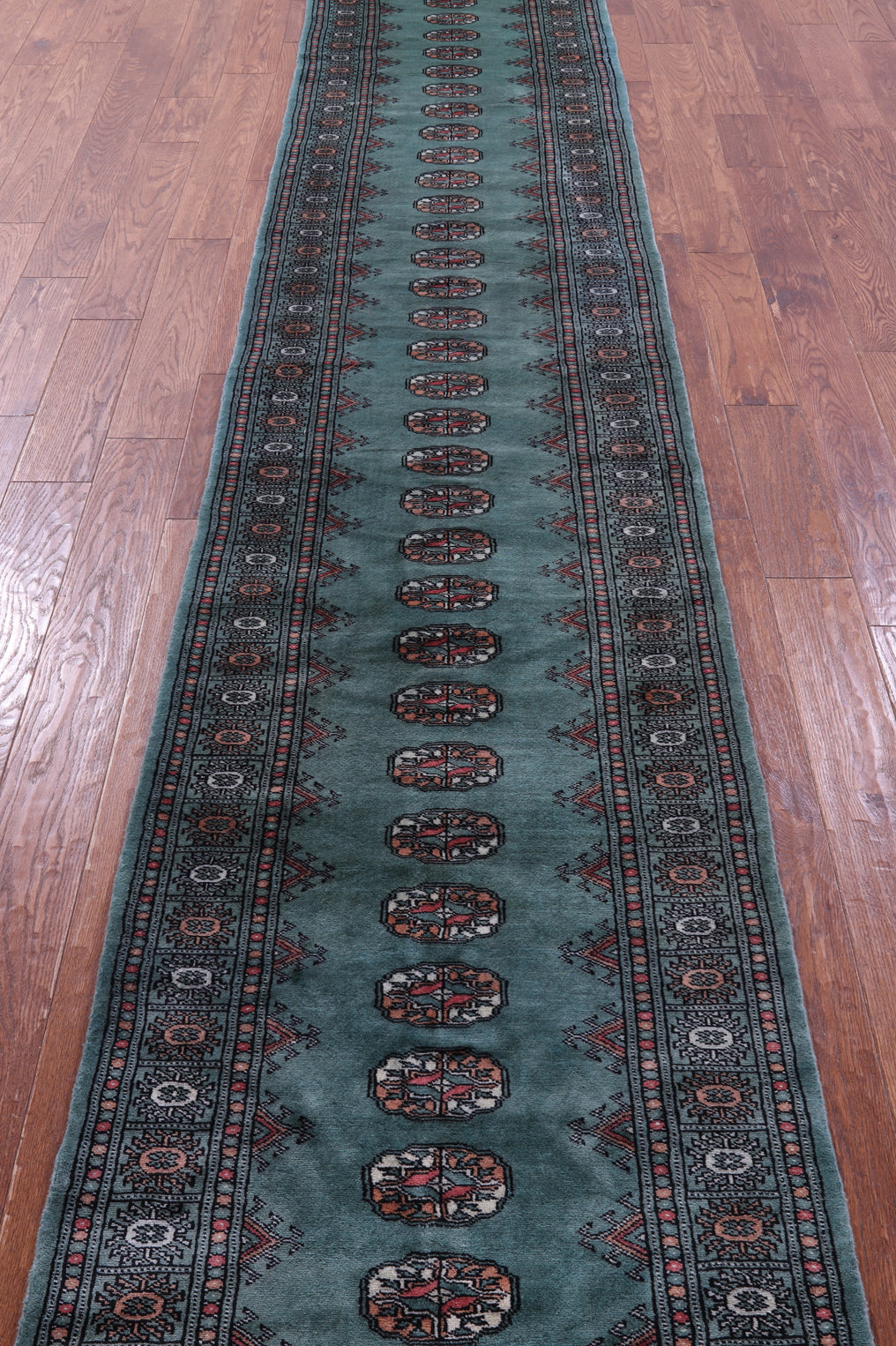 Green Bokhara Hand-Knotted Wool Runner Rug - 2' 6" X 16' 2"
