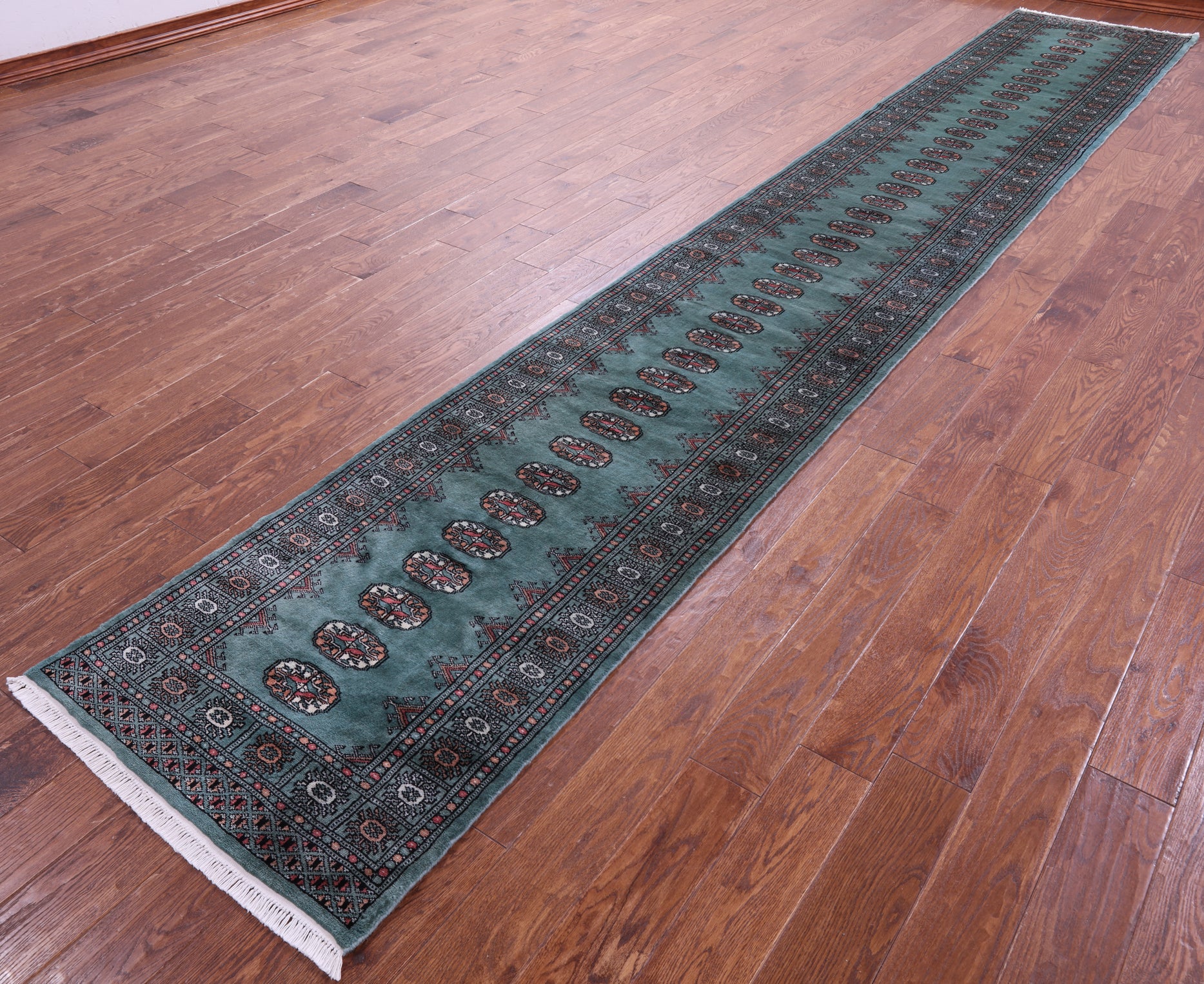 Green Bokhara Hand-Knotted Wool Runner Rug - 2' 6" X 16' 2"
