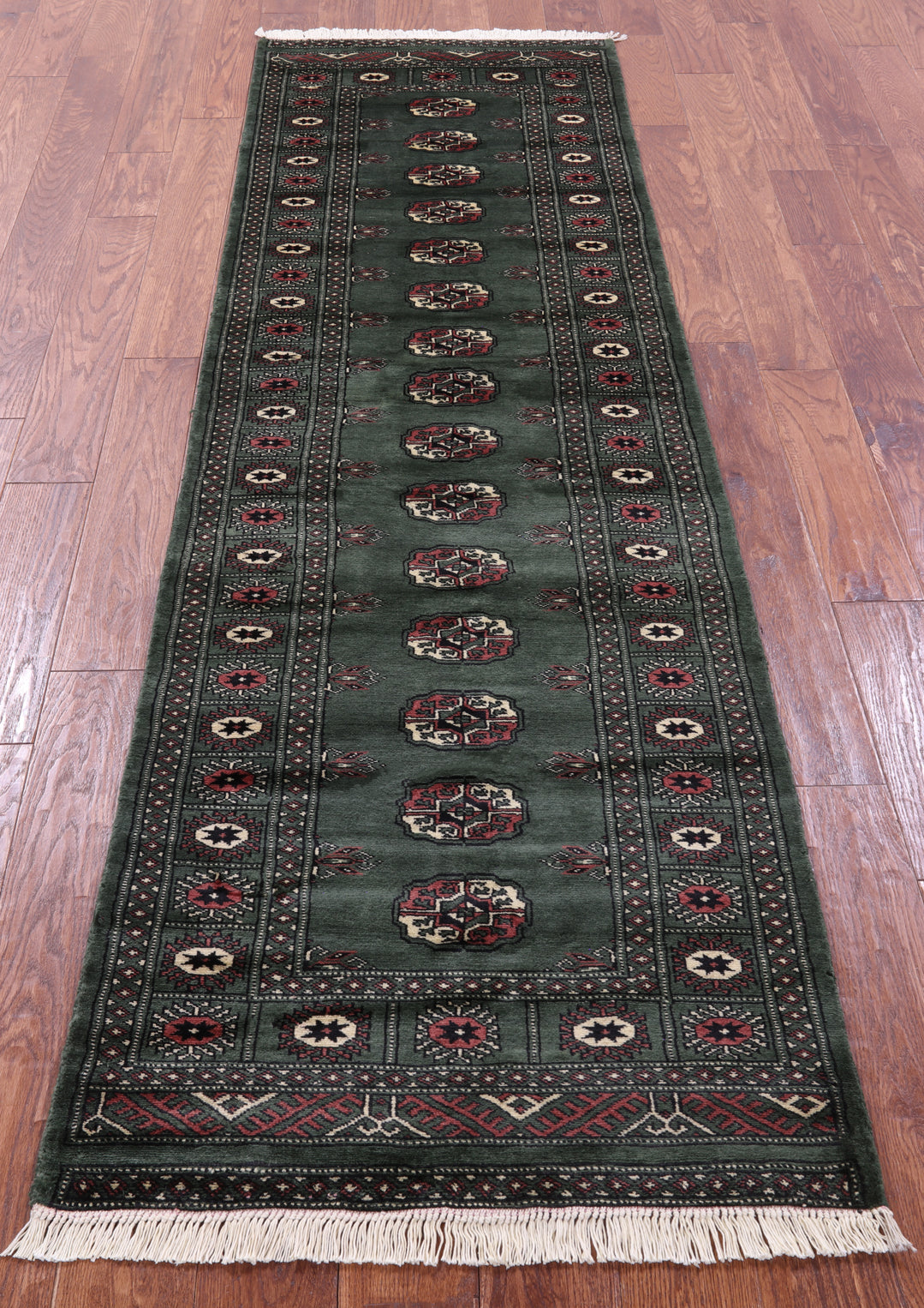 Green Bokhara Hand-Knotted Wool Runner Rug - 2' 6" X 8' 6"