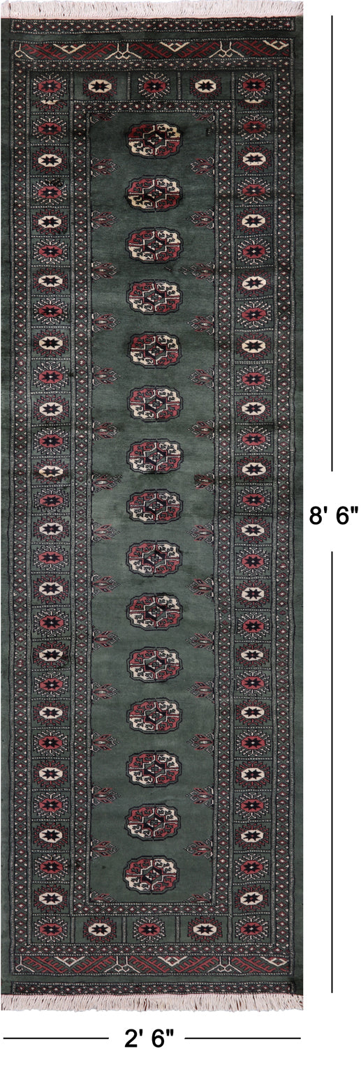Green Bokhara Hand-Knotted Wool Runner Rug - 2' 6" X 8' 6"