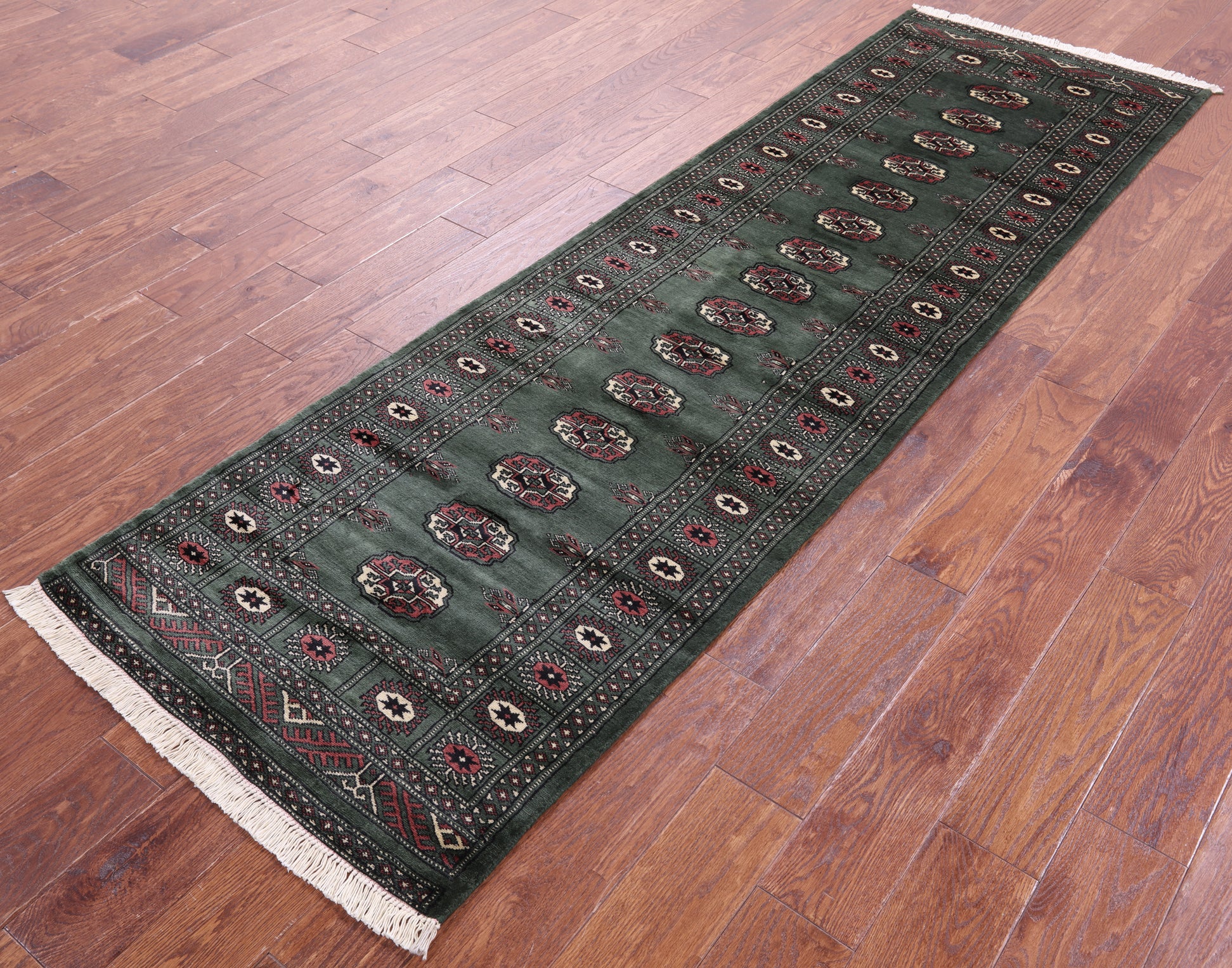 Green Bokhara Hand-Knotted Wool Runner Rug - 2' 6" X 8' 6"