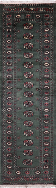 Green Bokhara Hand-Knotted Wool Runner Rug - 2' 6" X 8' 6"