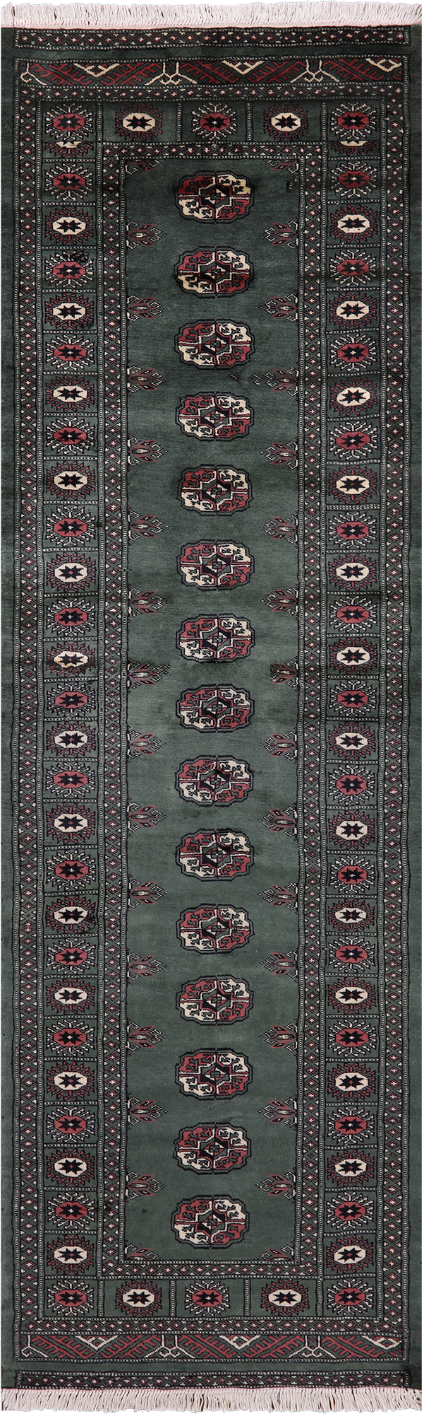 Green Bokhara Hand-Knotted Wool Runner Rug - 2' 6" X 8' 6"