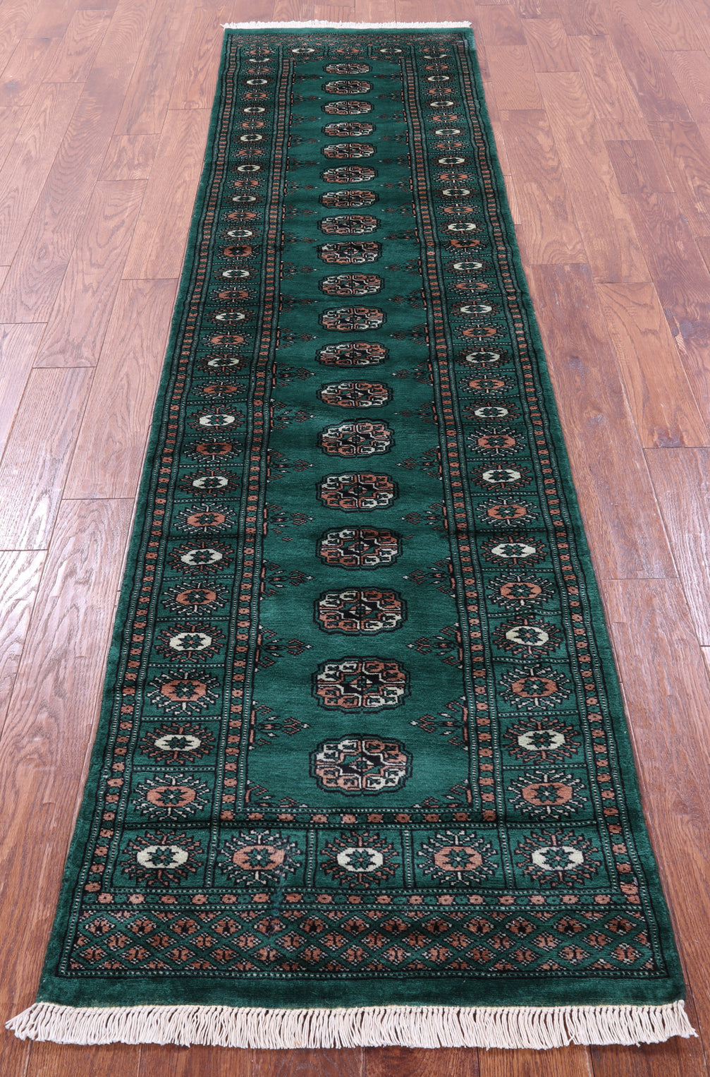 Green Bokhara Hand-Knotted Wool Runner Rug - 2' 6" X 9' 8"