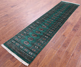 Green Bokhara Hand-Knotted Wool Runner Rug - 2' 6" X 9' 8"