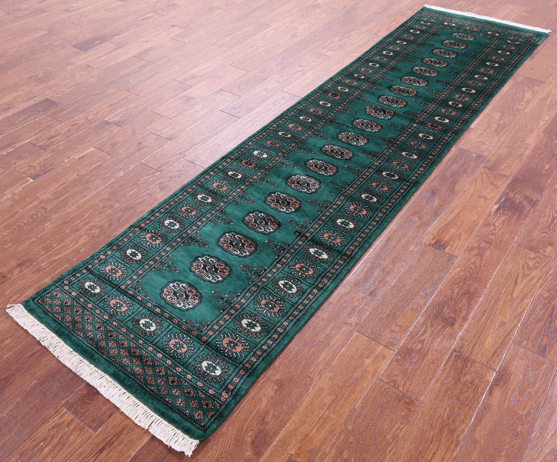 Green Bokhara Hand-Knotted Wool Runner Rug - 2' 6" X 9' 8"