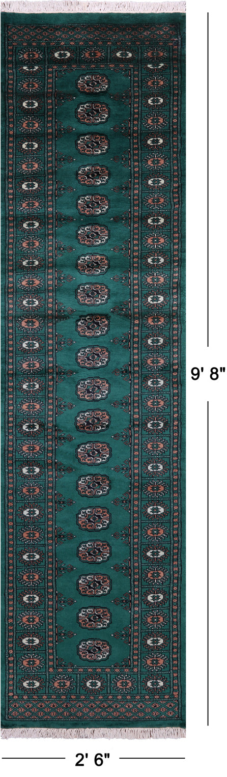Green Bokhara Hand-Knotted Wool Runner Rug - 2' 6" X 9' 8"