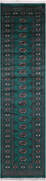Green Bokhara Hand-Knotted Wool Runner Rug - 2' 6" X 9' 8"