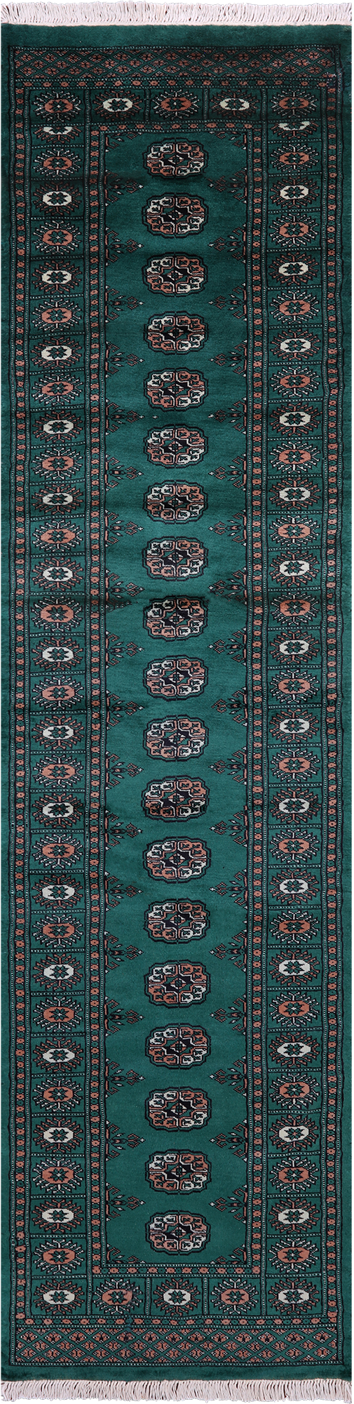 Green Bokhara Hand-Knotted Wool Runner Rug - 2' 6" X 9' 8"