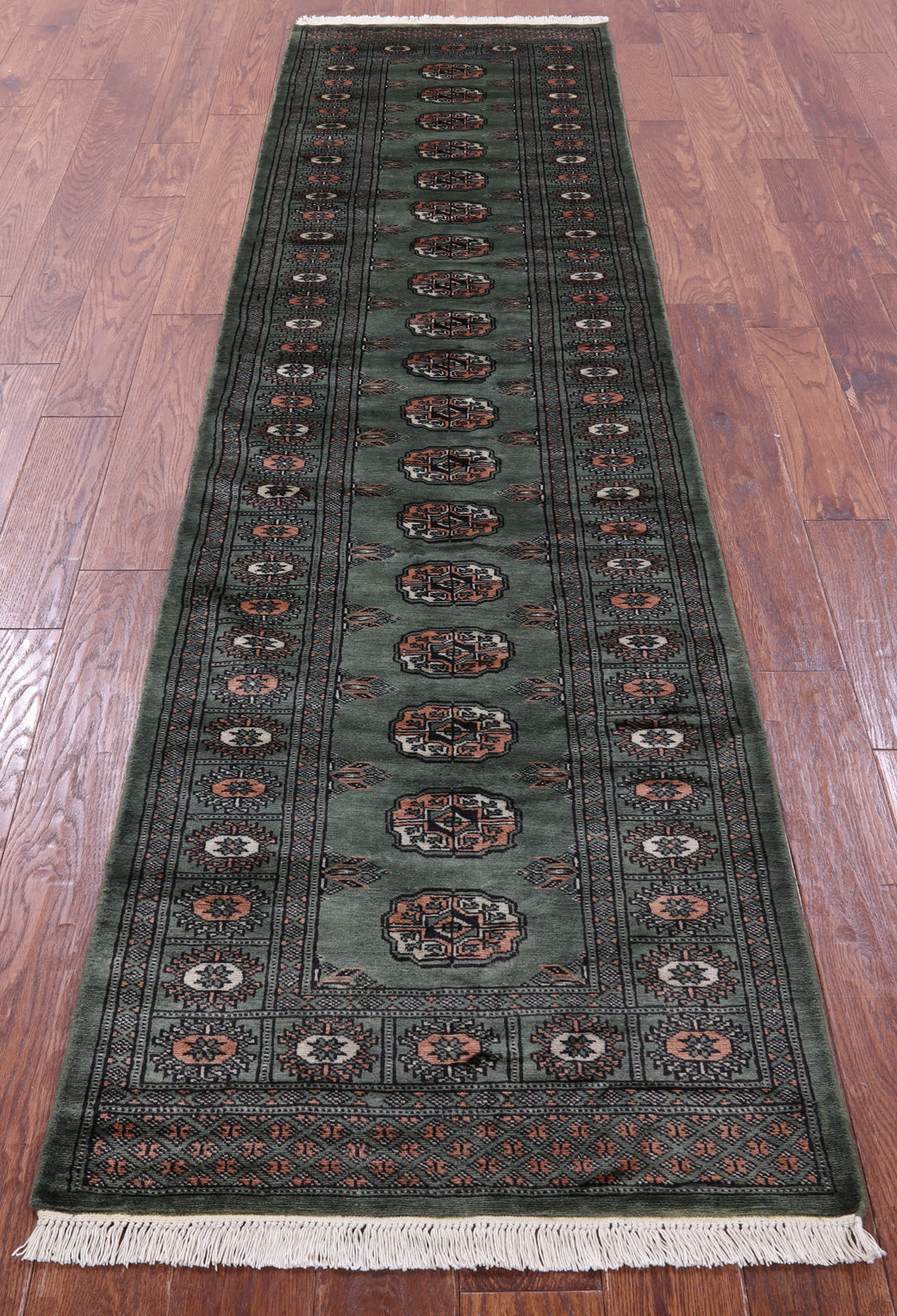 Green Bokhara Hand-Knotted Wool Runner Rug - 2' 6" X 9' 9"