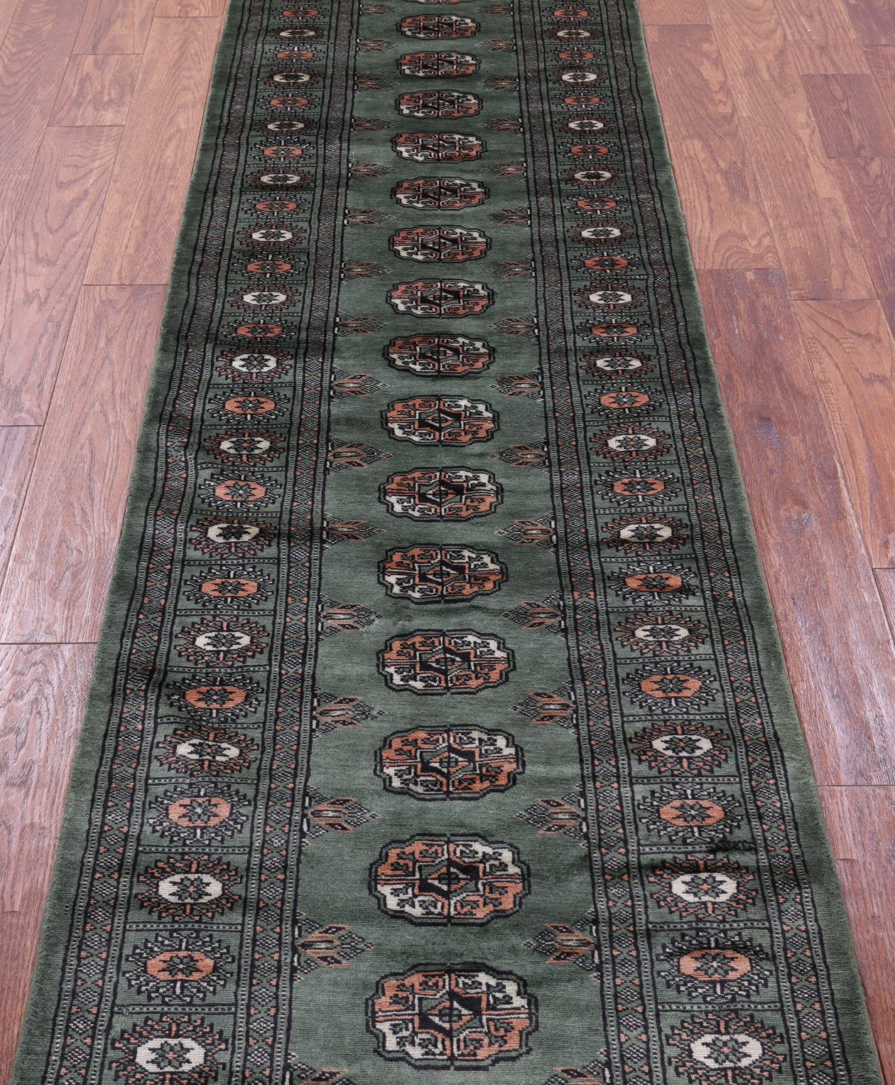 Green Bokhara Hand-Knotted Wool Runner Rug - 2' 6" X 9' 9"