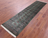 Green Bokhara Hand-Knotted Wool Runner Rug - 2' 6" X 9' 9"