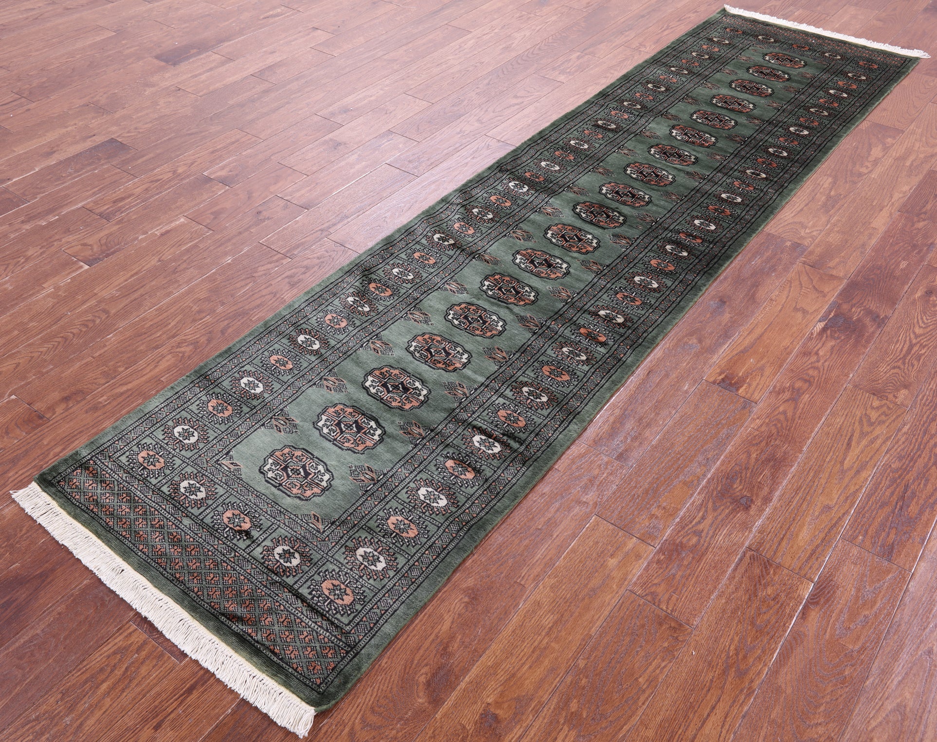 Green Bokhara Hand-Knotted Wool Runner Rug - 2' 6" X 9' 9"