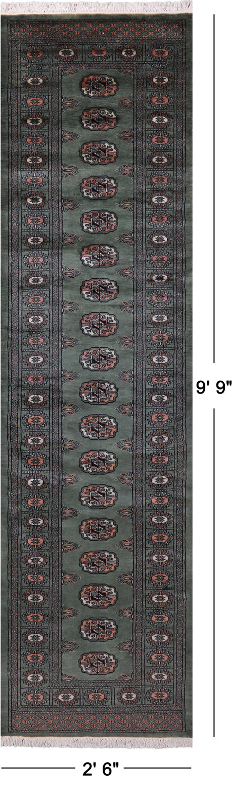 Green Bokhara Hand-Knotted Wool Runner Rug - 2' 6" X 9' 9"