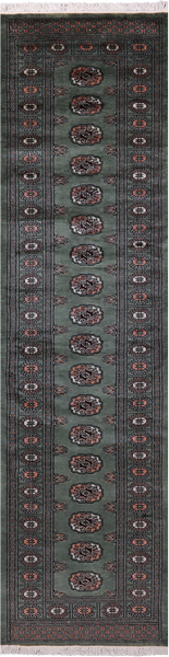Green Bokhara Hand-Knotted Wool Runner Rug - 2' 6" X 9' 9"