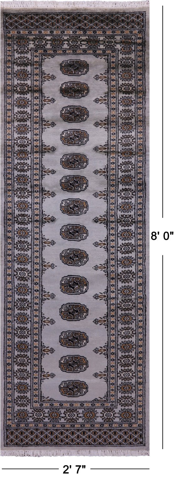 Grey Bokhara Hand-Knotted Wool Runner Rug - 2' 7" X 8' 0"