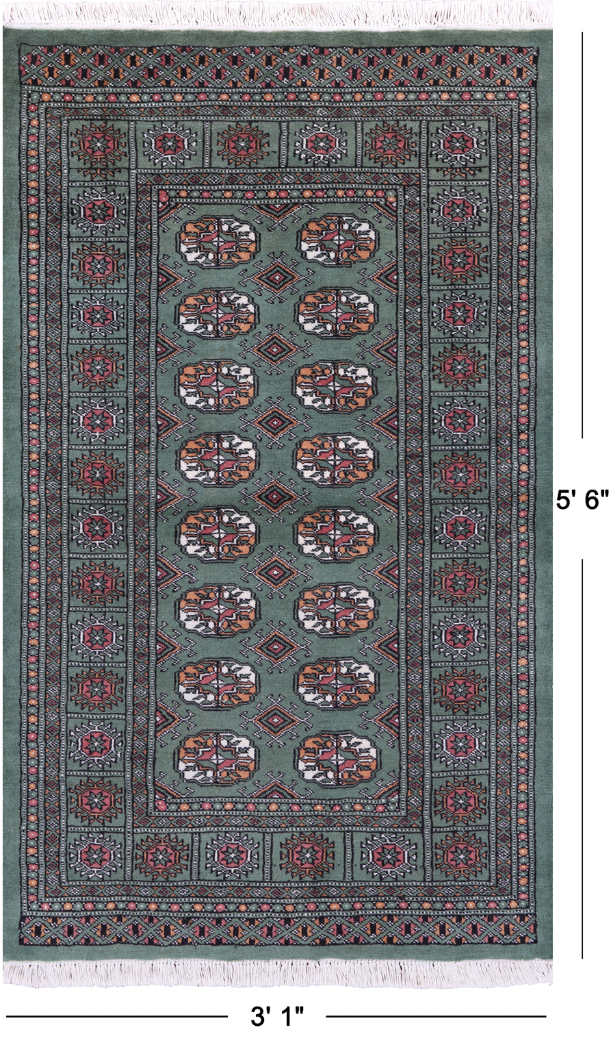 Green Bokhara Hand-Knotted Wool Rug - 3' 1" X 5' 6"