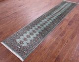 Green Bokhara Hand-Knotted Wool Runner Rug - 2' 6" X 12' 1"