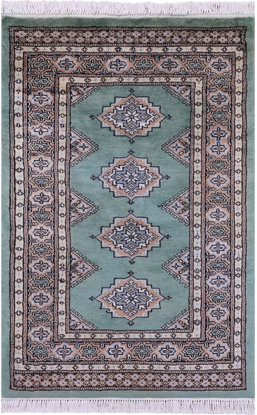 Green Bokhara Handmade Wool Rug - 2' 8" X 3' 10"