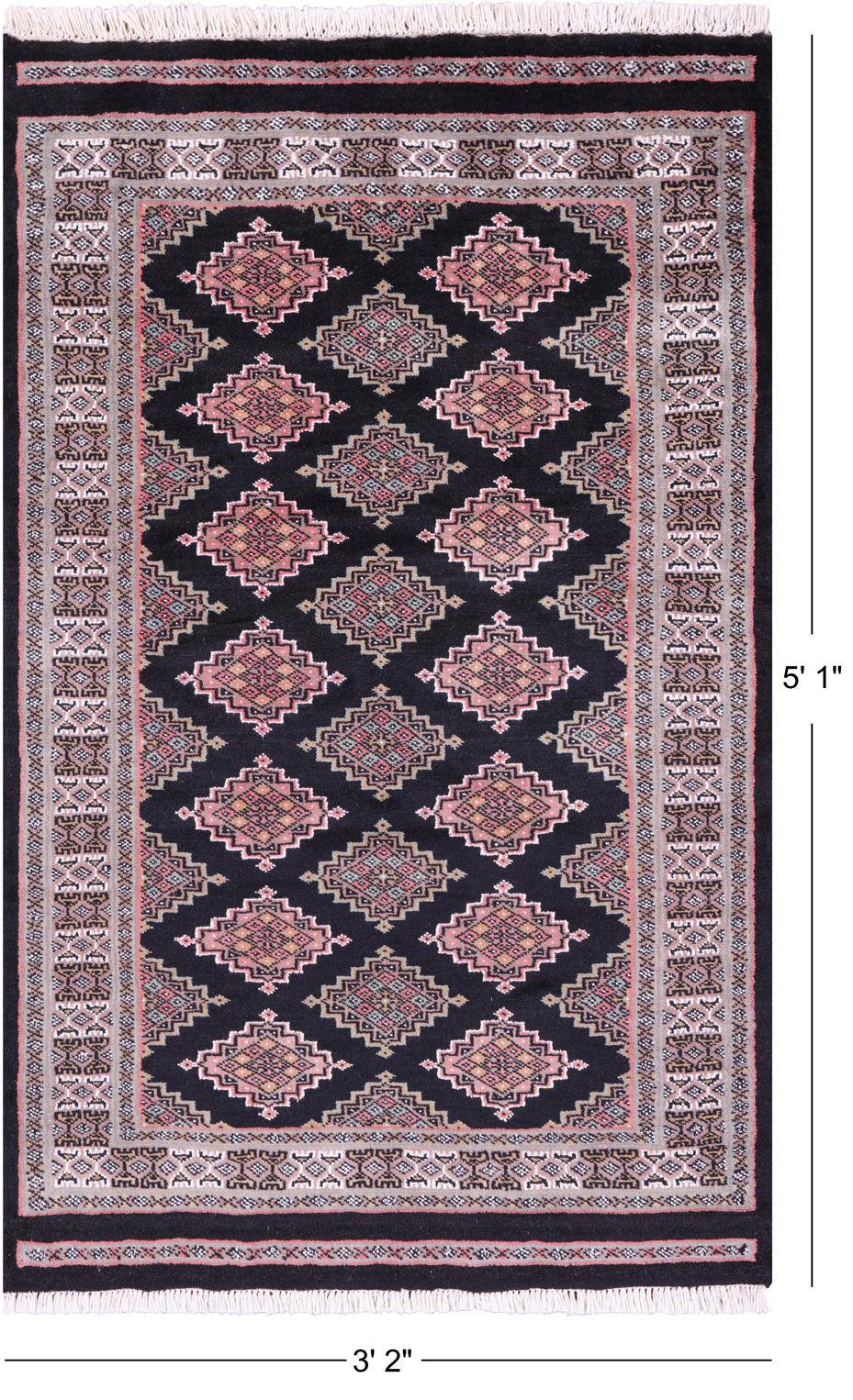 Black Bokhara Hand-Knotted Wool Rug - 3' 2" X 5' 1"