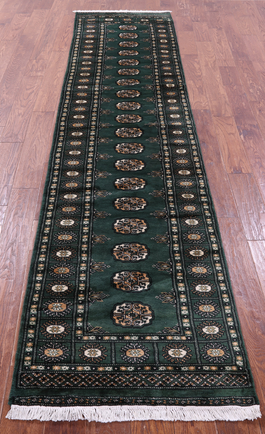 Green Bokhara Handmade Wool Runner Rug - 2' 6" X 11' 0"