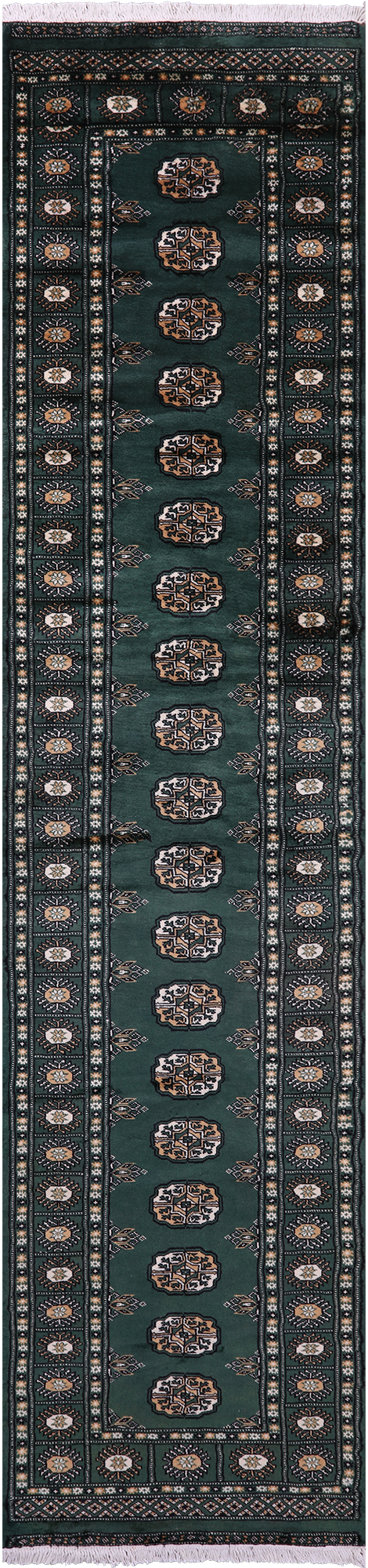 Green Bokhara Handmade Wool Runner Rug - 2' 6" X 11' 0"