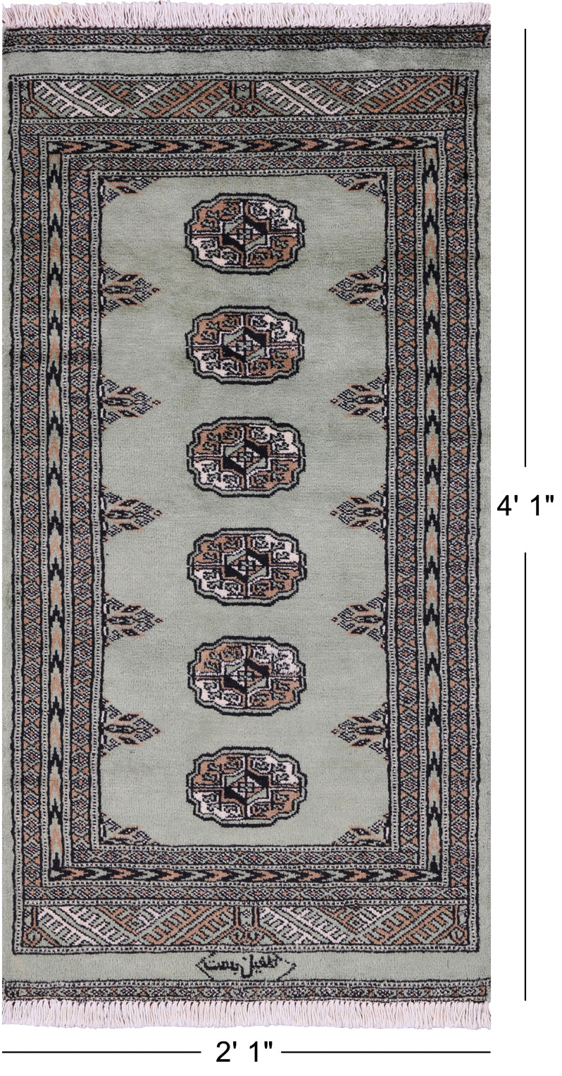 Green Signed Bokhara Hand-Knotted Wool Rug - 2' 1" X 4' 1"