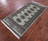 Green Signed Bokhara Hand-Knotted Wool Rug - 2' 1" X 4' 1"