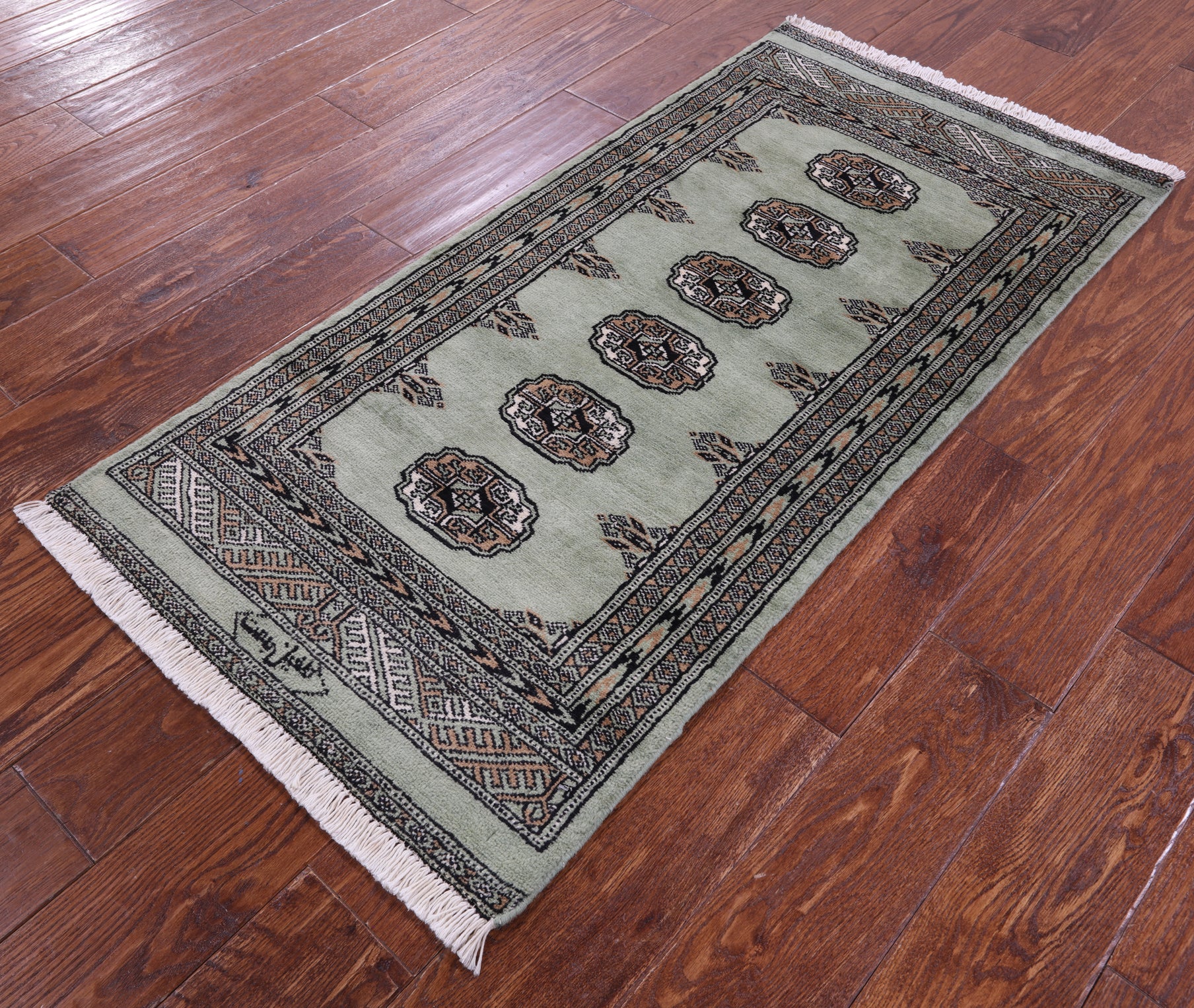 Green Signed Bokhara Hand-Knotted Wool Rug - 2' 1" X 4' 1"