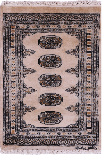 Ivory Signed Bokhara Hand-Knotted Wool Rug - 2' 0" X 2' 10"