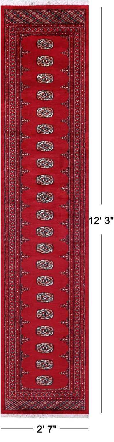 Red Bokhara Handmade Wool Runner Rug - 2' 7" X 12' 3"