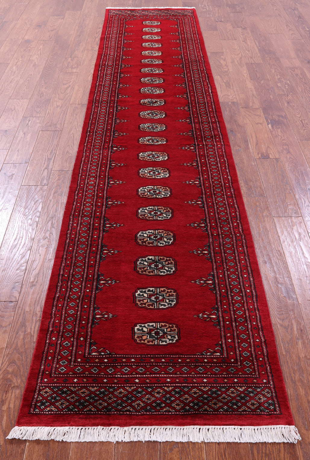 Red Bokhara Handmade Wool Runner Rug - 2' 7" X 12' 3"