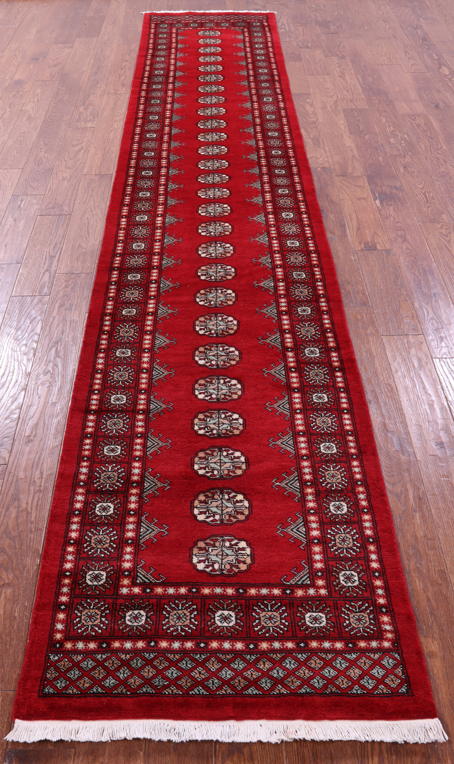 Red Bokhara Handmade Wool Runner Rug - 2' 7" X 13' 9"