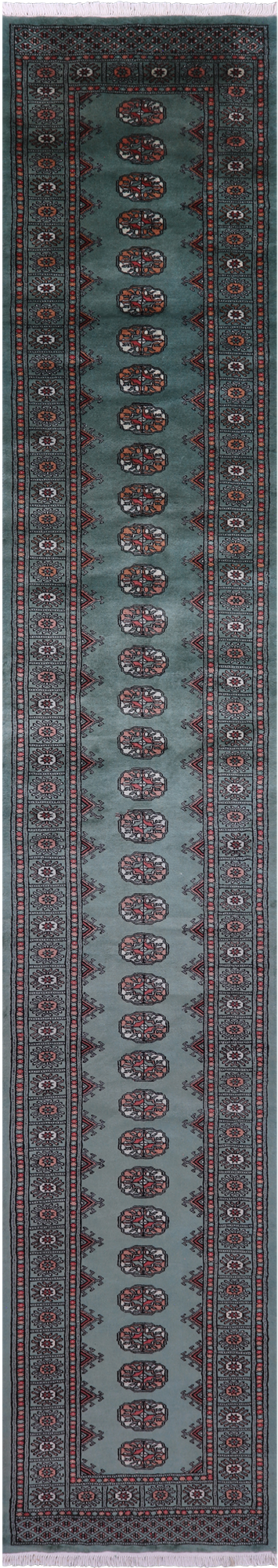 Green Bokhara Handmade Wool Runner Rug - 2' 7" X 14' 7"