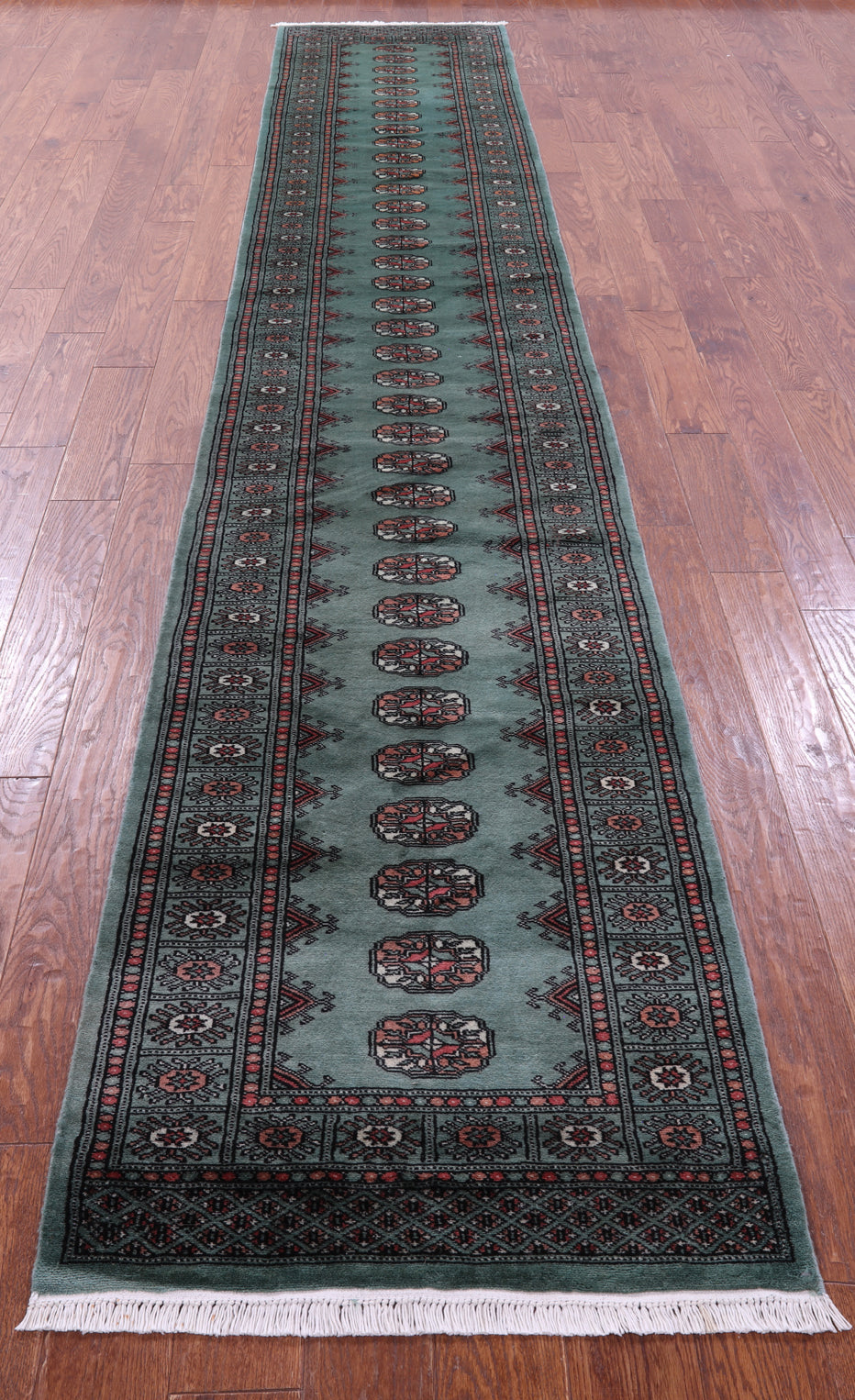 Green Bokhara Handmade Wool Runner Rug - 2' 7" X 14' 7"