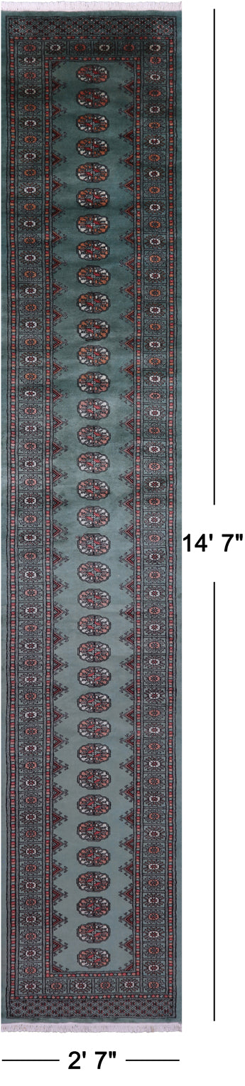 Green Bokhara Handmade Wool Runner Rug - 2' 7" X 14' 7"